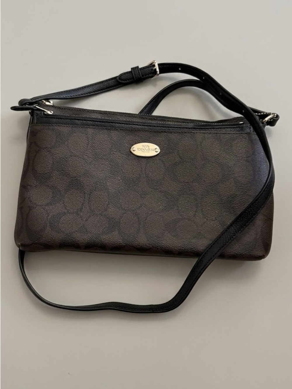 Coach Dark Brown Signature Crossbody with Black Strap